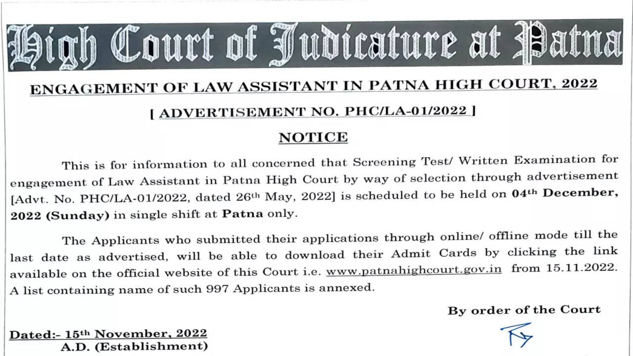 Patna HC Law Assistant Admit Card 2022 released, download link here - Times  of India