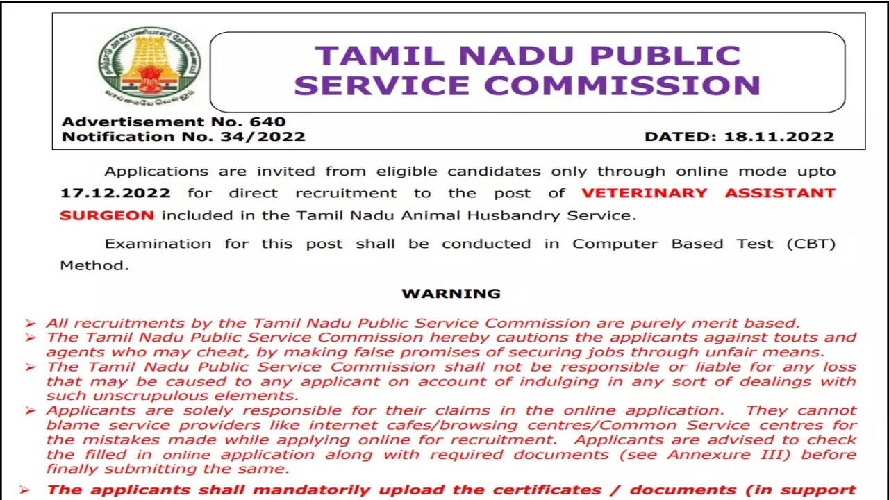 TNPSC Veterinary Assistant Surgeon Recruitment 2022 begins at , apply here for 731 vacancies - Times of India TNPSC Veterinary Assistant Surgeon Recruitment 2022 begins at , apply here for 731 vacancies - Times of India