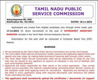 TNPSC Veterinary Assistant Surgeon Recruitment 2022 begins at , apply here for 731 vacancies - Times of India TNPSC Veterinary Assistant Surgeon Recruitment 2022 begins at , apply here for 731 vacancies - Times of India