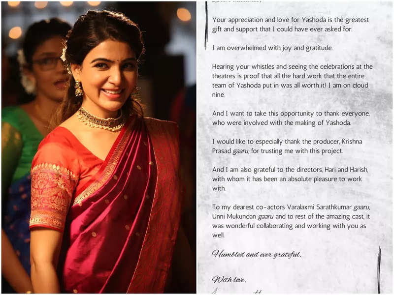 Samantha Ruth Prabhu pens an emotional note on 'Yashoda's success