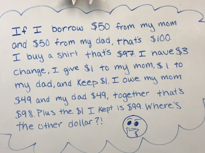 "Where is the missing dollar?" Help this kid find the missing dollar