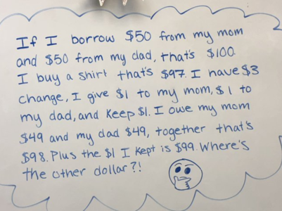 "Where is the missing dollar?" Help this kid find the missing dollar