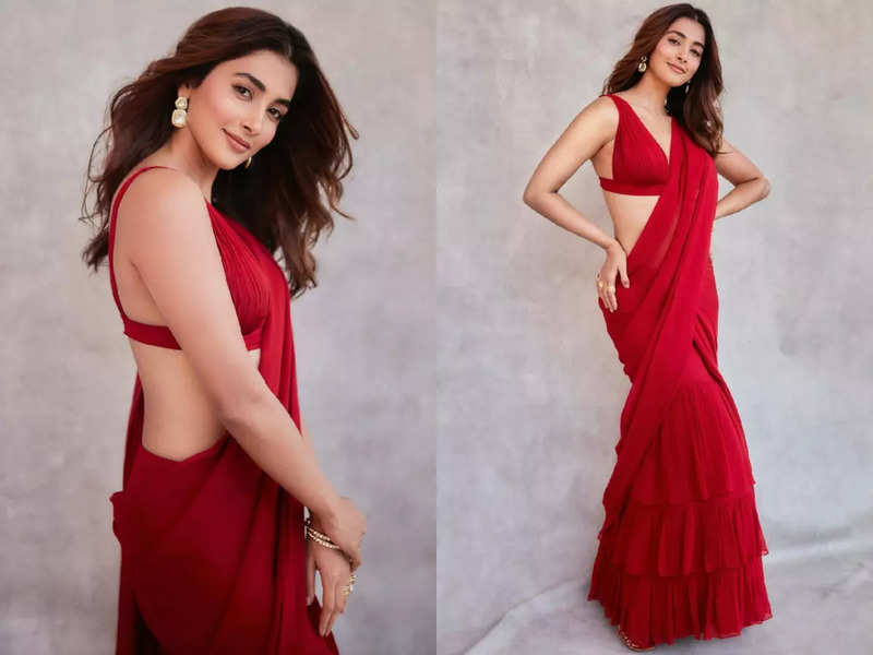 Pooja Hegde's red ruffled sari with bralette is perfect for a new bride