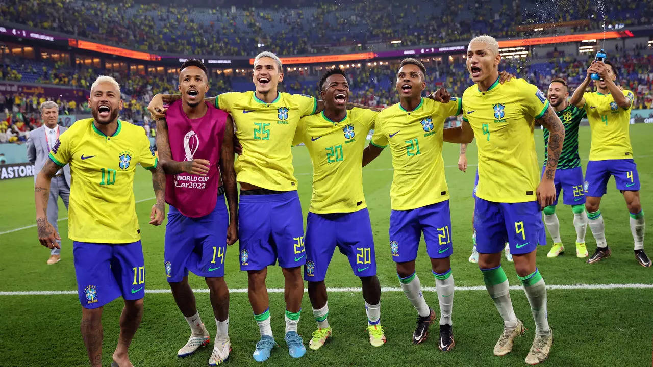 Brazilian soccer team celebrating victories in the world cup