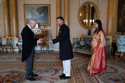 Indian High Commissioner Vikram Doraiswami presents credentials to King Charles at Buckingham Palace