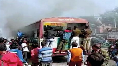 UP State Road Transport Corporation bus catches fire on city outskirts