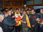 Shimla: New Himachal Pradesh Chief Minister Sukhwinder Singh Sukhu being welcome...