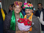 Shimla: New Himachal Pradesh Chief Minister Sukhwinder Singh Sukhu being welcome...