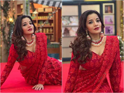 Monalisa gives a Christmas vibes as she poses in a red saree