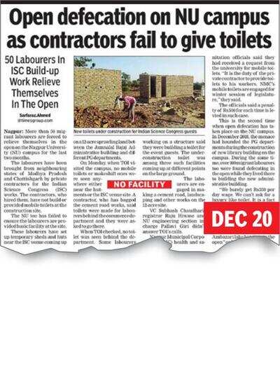 TOI Impact: NMC issues notice, labourers get access to toilets at NU campus