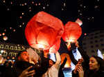 People release sky lanterns during Christmas festivities in Athens