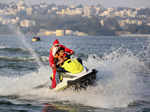 Bhopal: A man dressed as Santa Claus with a young woman takes a boat ride in the...