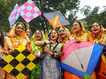 Amritsar: Students of Shahzada Nand College with their kites on the eve of 'Maka...