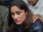 New Delhi_ Indian wrestler Vinesh Phogat reacts during a press conference regard... (3).