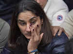 New Delhi_ Indian wrestler Vinesh Phogat reacts during a press conference regard... (1).