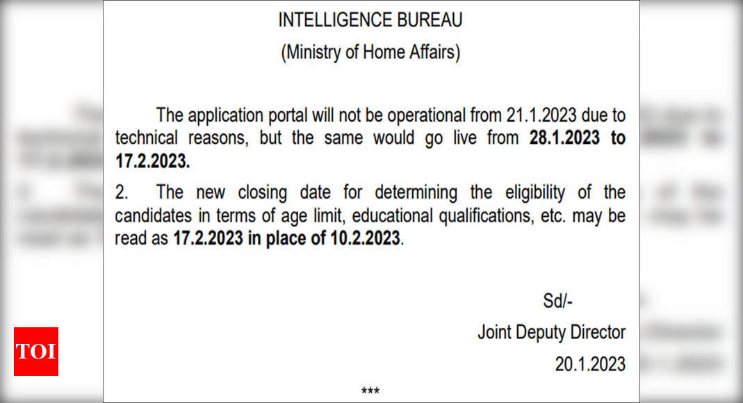 IB Recruitment 2023: Application for 1675 SA/Exe, MTS posts begins on Jan 28, check details here – Times of India