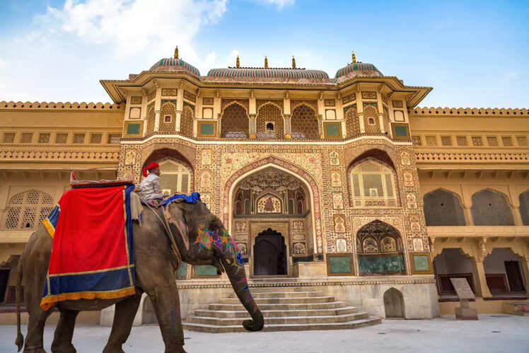 An elephant crossing Amber Fort's courtyard
