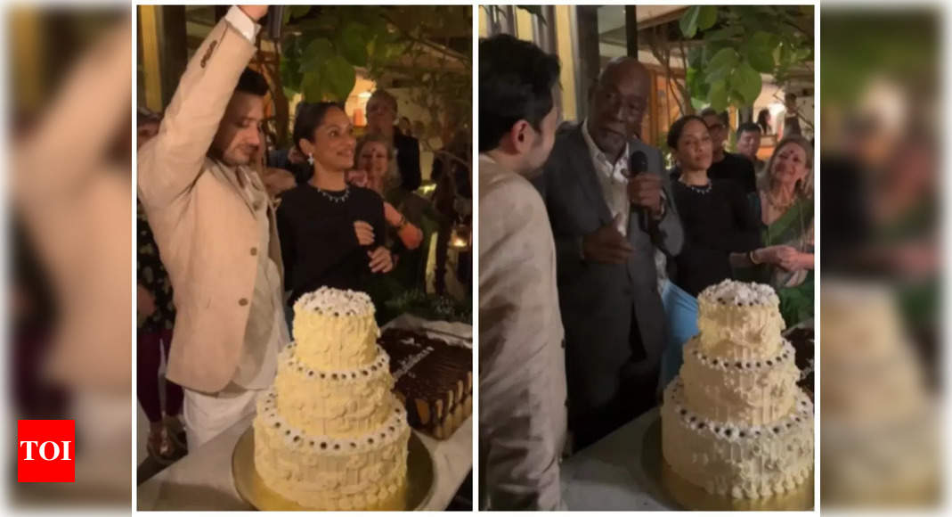 Inside Video: Masaba Gupta, Satyadeep Misra cut two exotic cakes at their post wedding party; Neena Gupta and Vivian Richards raised a toast to the newlyweds – Times of India