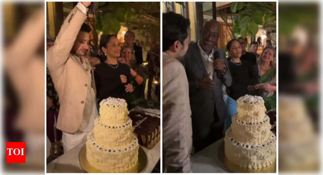 Inside Video: Masaba Gupta, Satyadeep Misra cut two exotic cakes at their post wedding party; Neena Gupta and Vivian Richards raised a toast to the newlyweds – Times of India