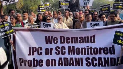 Adani row: Opposition parties hold protest inside Parliament premises, demand JPC probe