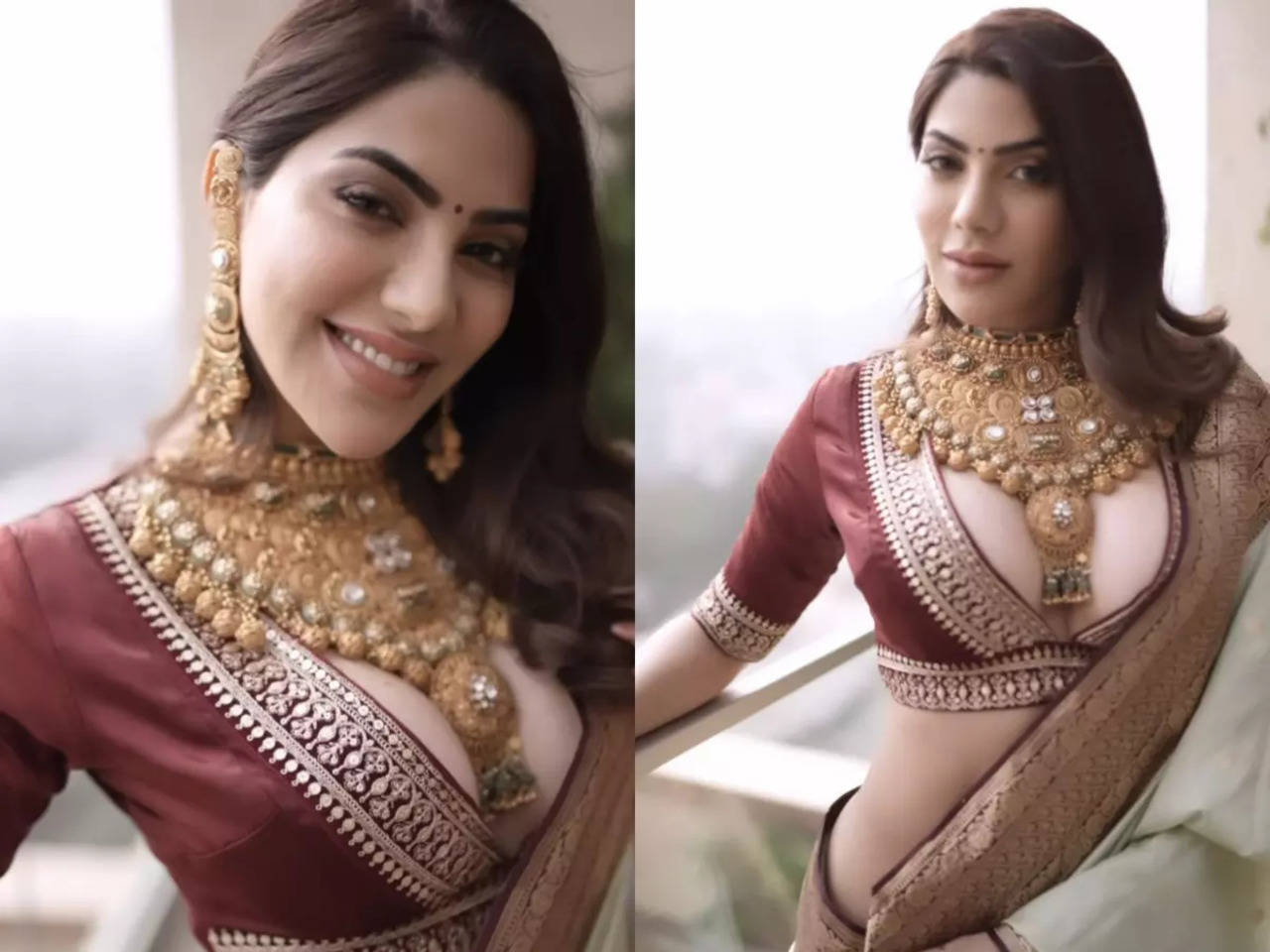 Nikki Tamboli Latest Video Nikki Tamboli gives Indian saree a twist by sporting blouse with plunging neckline and heavy jewellery, See PHOTOS  photo