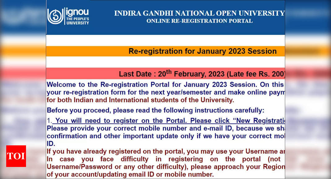 IGNOU re-registration window for January 2023 closes today, apply on ignou.ac.in – Times of India