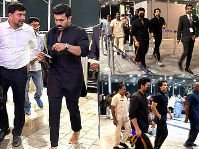 Watch: Mega power star Ram Charan heads to US, spotted walking barefoot at Hyderabad airport