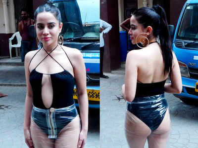 Urfi Javed wears black swimsuit with skirt made from transparent dining table cover; watch video