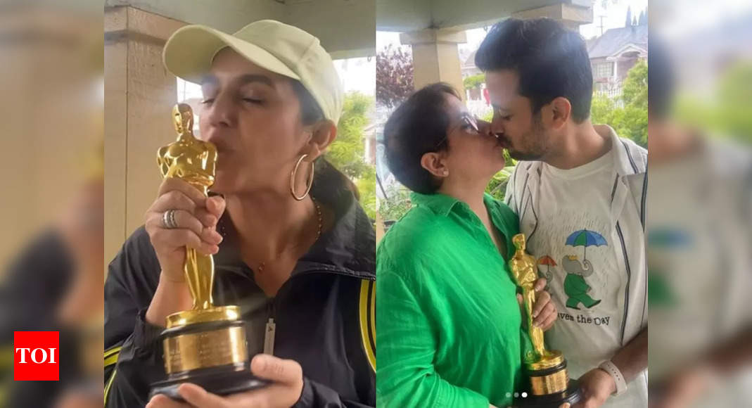 Huma Qureshi kisses Guneet Monga’s Oscar and dedicates it to Aaram Nagar, while the latter celebrates with husband Sunny Kapoor – See inside – Times of India