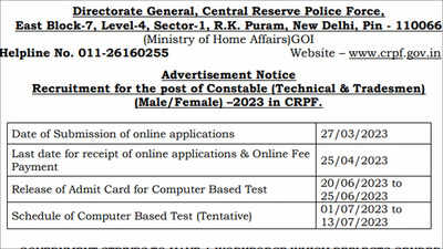 CRPF notification 2023 for Constable Tradesman & Technical posts released, application from March 27