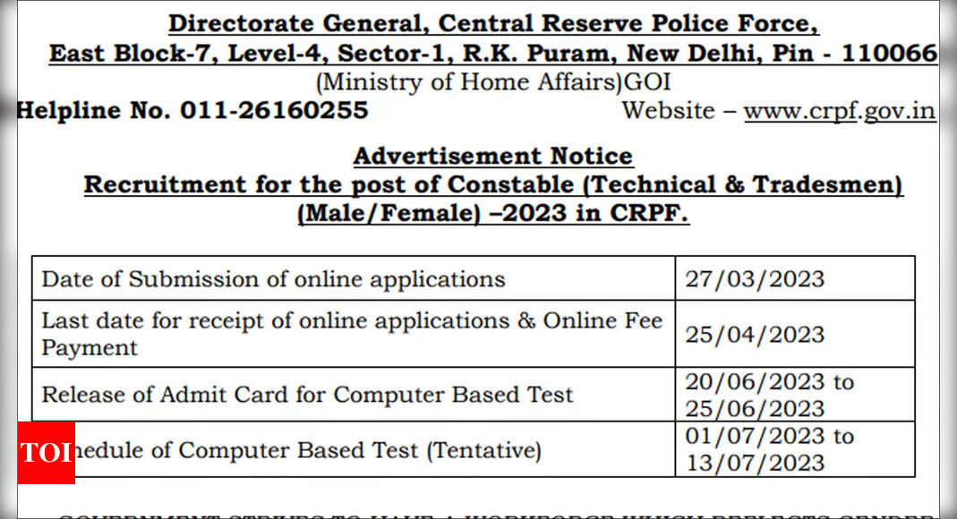 CRPF notification 2023 for Constable Tradesman & Technical posts released, application from March 27 – Times of India