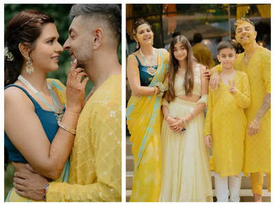Dalljiet-Nikhil twin in yellow at their haldi ceremony