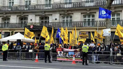 Pro-Khalistan protesters barricaded off outside India House in London