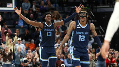 Ja Morant of the Memphis Grizzlies reacts to play against the