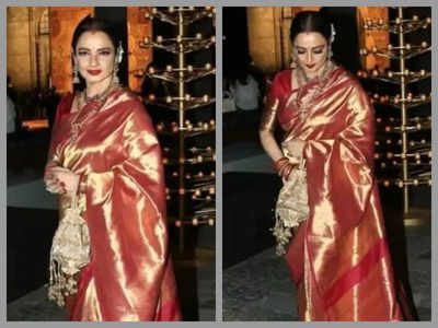 Rekha is a sight to behold in this pink Kanjeevaram saree as she attends a fashion event at Mumbai’s Gateway of India – See photos