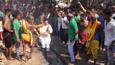 BJP national spokesperson Sambit Patra walks on fire in Odisha's Puri