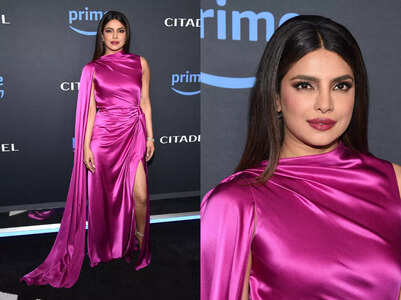 Priyanka Chopra looks immaculate in a satin dress with thigh-high slit