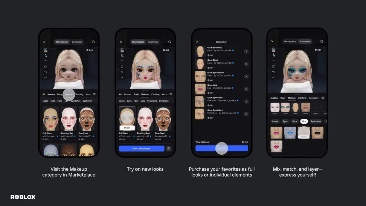 Roblox Avatar Marketplace makeup categories Roblox Avatar Marketplace makeup screen with face looks and cosmetic categories