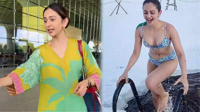 Rakul Preet Sing Bikini Video: 'Piche dekho lagegi' - Rakul Preet Singh asks paparazzi to be 'careful', gets spotted in a silk tropical print kurta paired with pant set