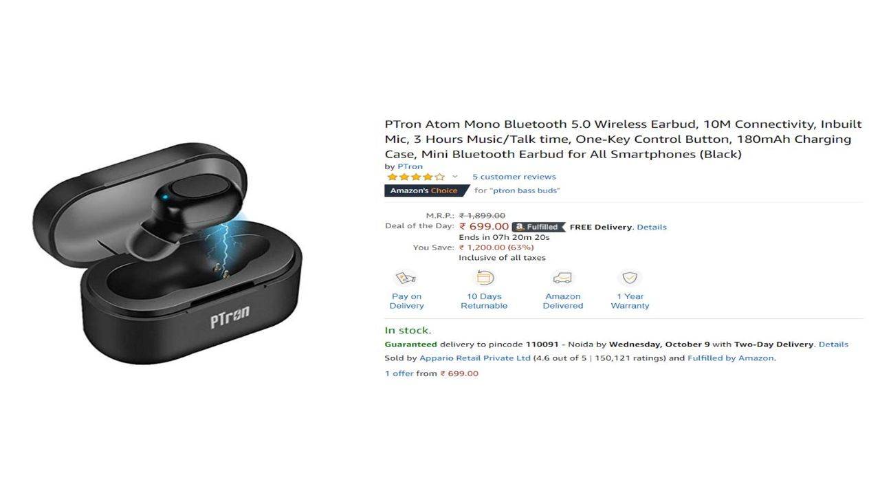 Ptron atom mono bluetooth 5.0 wireless earbuds sale