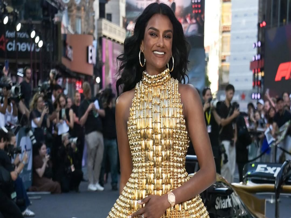 simone ashley gold dress Indian-origin gets a closet reset with her gilded golden Balmain gown at 'F1's premiere simone ashley ethnicity