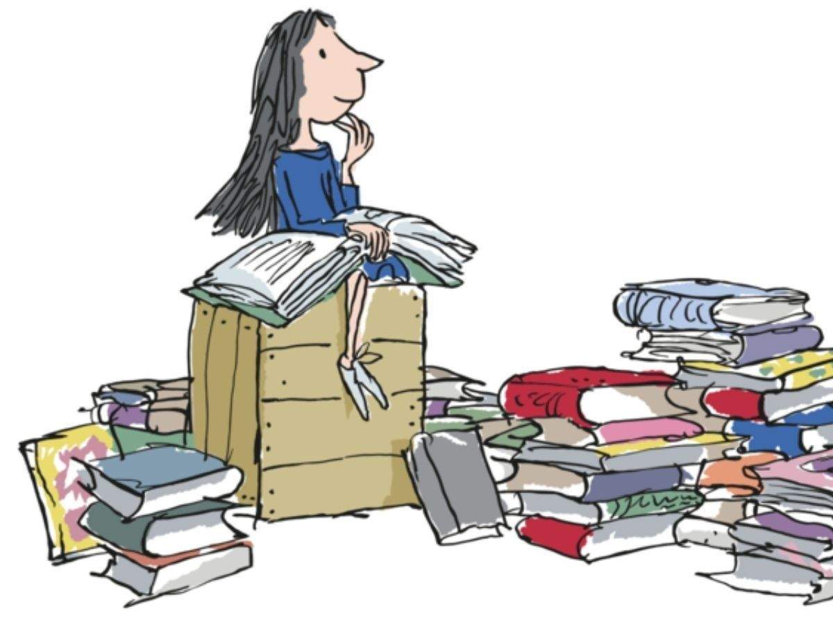 Dahl, Roald. Matilda. 1988. An illustration of Matilda sitting on a box reading and surrounded by a stack of books.