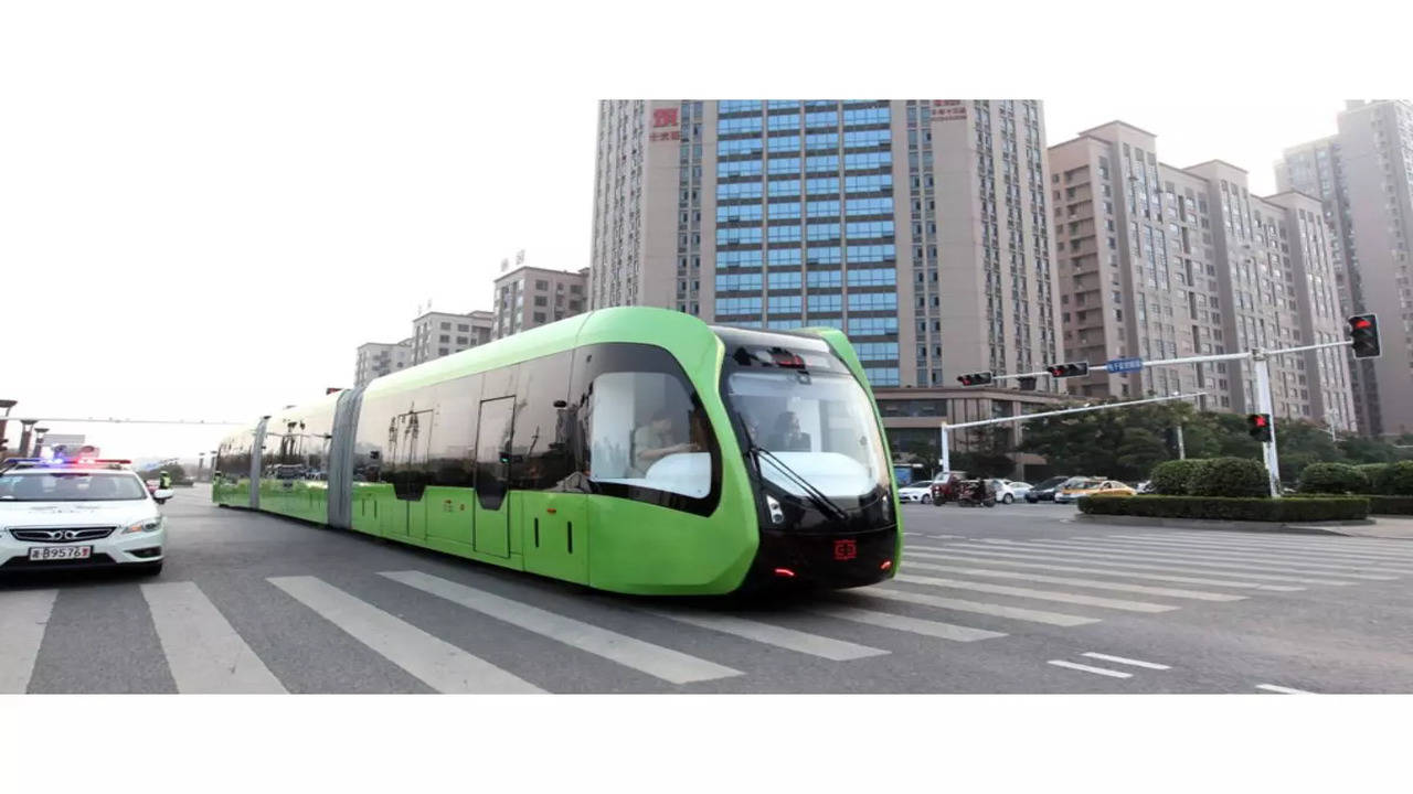 Chinese train that runs on road without track