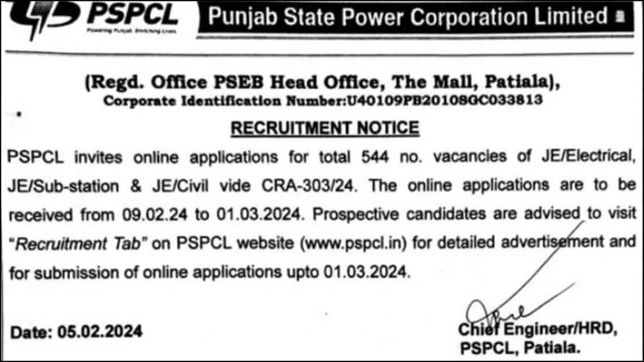 PSPCL Releases 544 JE Vacancies for 2024 Registration Open from Feb 9 to Mar 1 at pspcl.in Times of India