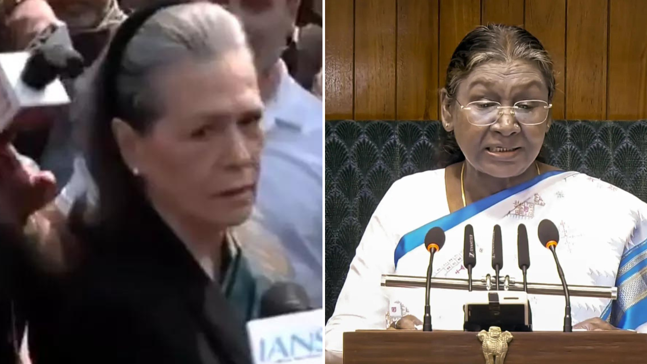 Congress leader Sonia Gandhi reacts to President Droupadi Murmu's address