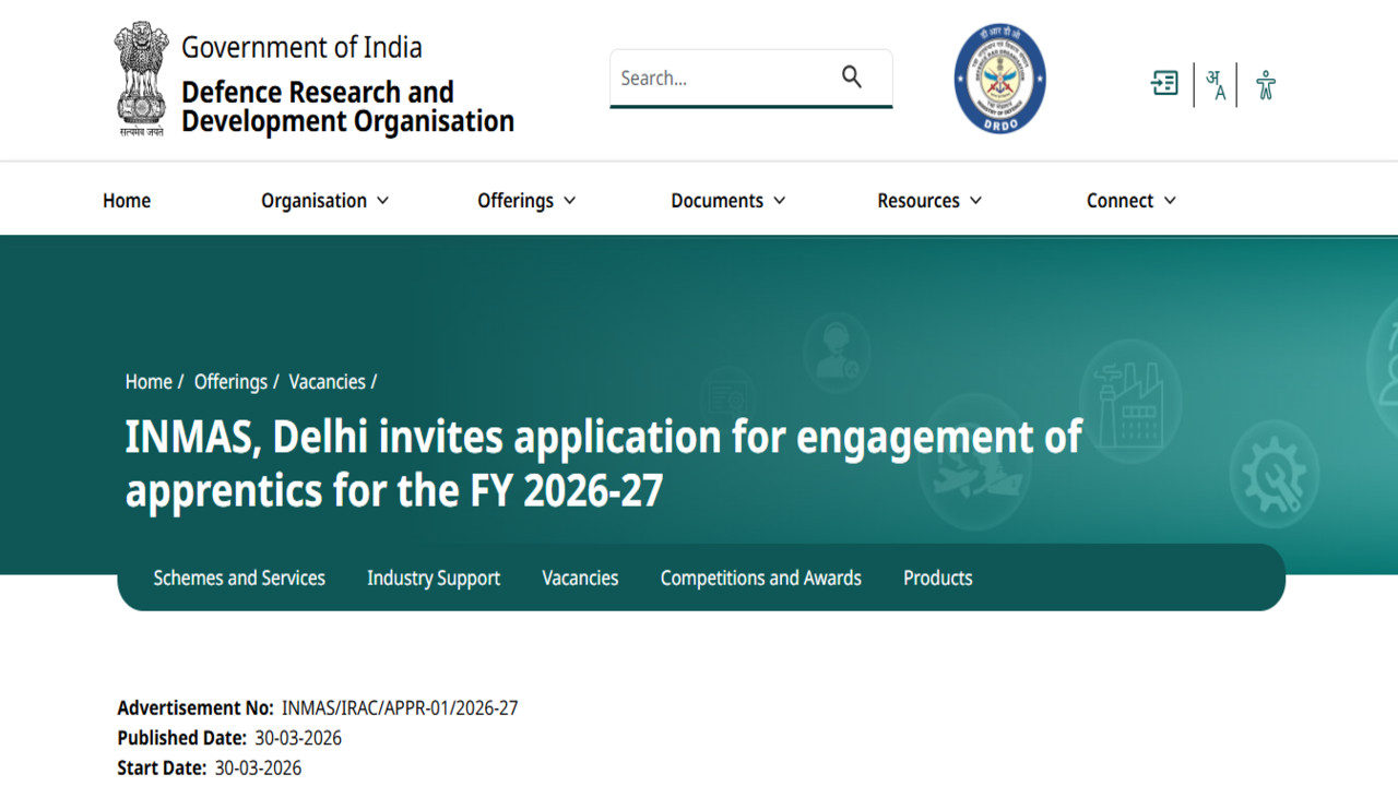 DRDO INMAS Apprentice Recruitment 2026: Apply for graduate, diploma training posts, direct link here