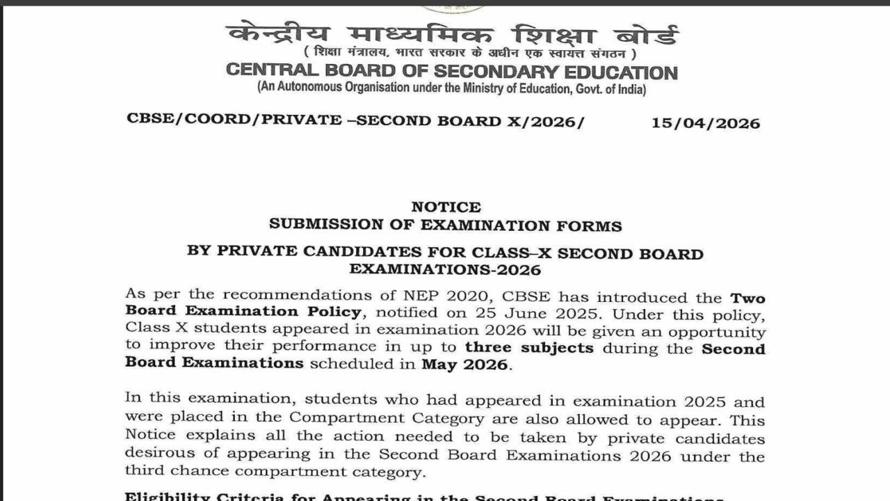 CBSE's second board exam 2026 for Class 10 private candidates under new two-exam policy: Check how to apply and other key details here