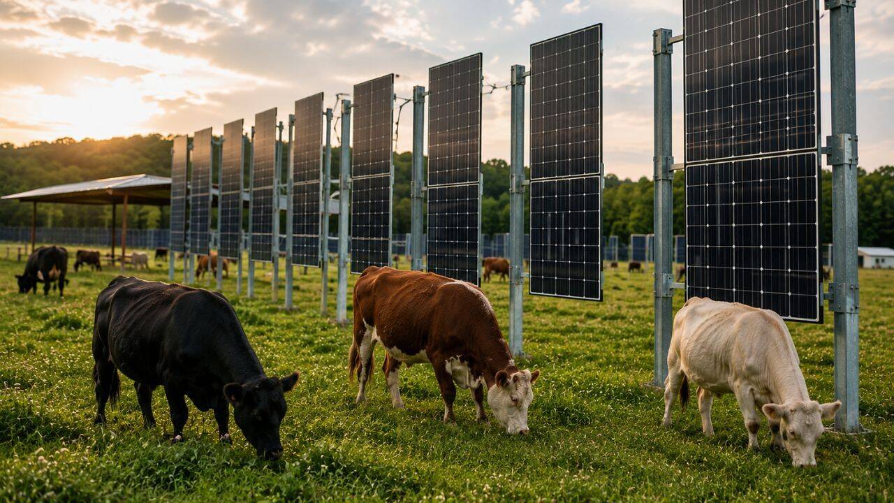 In New Jersey, cows named Blossom, Misty and Flurry graze beneath solar panels as scientists test whether one field can produce both food and clean energy