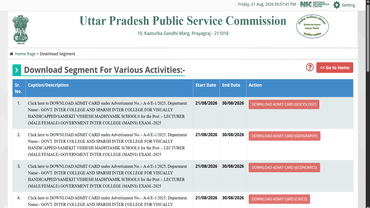 UPPSC GIC Lecturer admit card 2026 released at uppsc.up.nic.in: Direct link to download hall ticket here