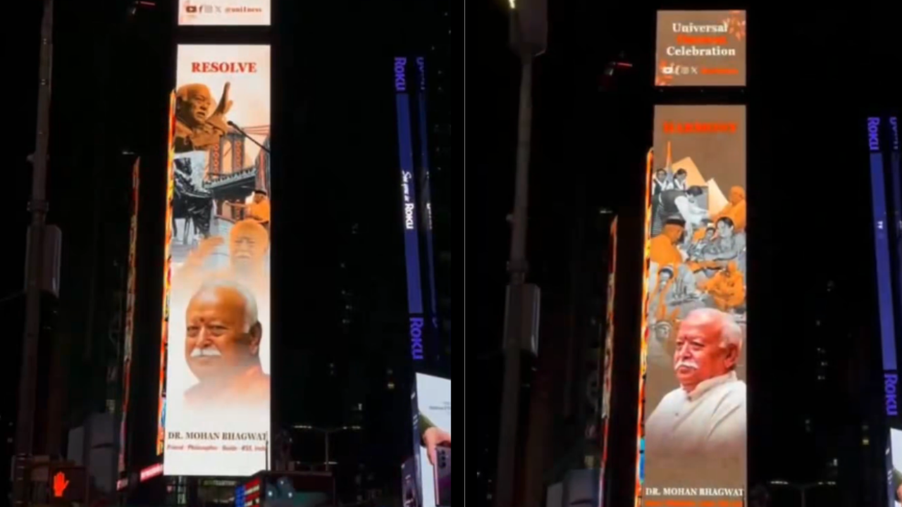 'Resolve, harmony, dialogue': Images of RSS chief Mohan Bhagwat light up Times Square ahead of US event